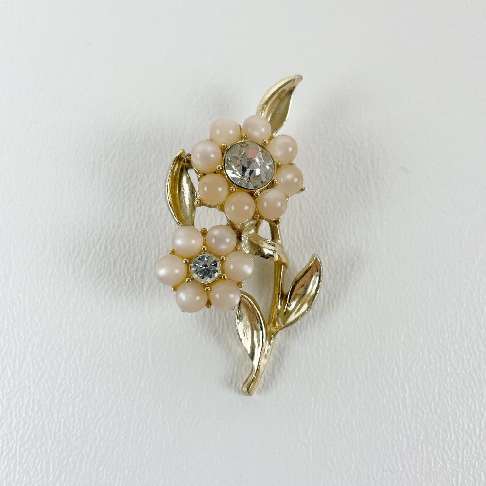 Rhinestone & Bead Gold Tone Flower Brooch